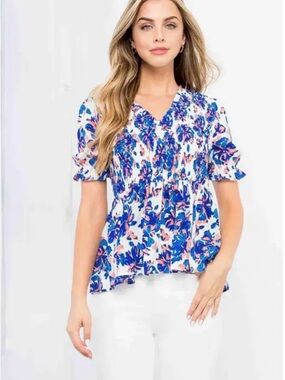 THML Floral Smocked Blouse Blue Pink Peplum Short Sleeve Womens Size M